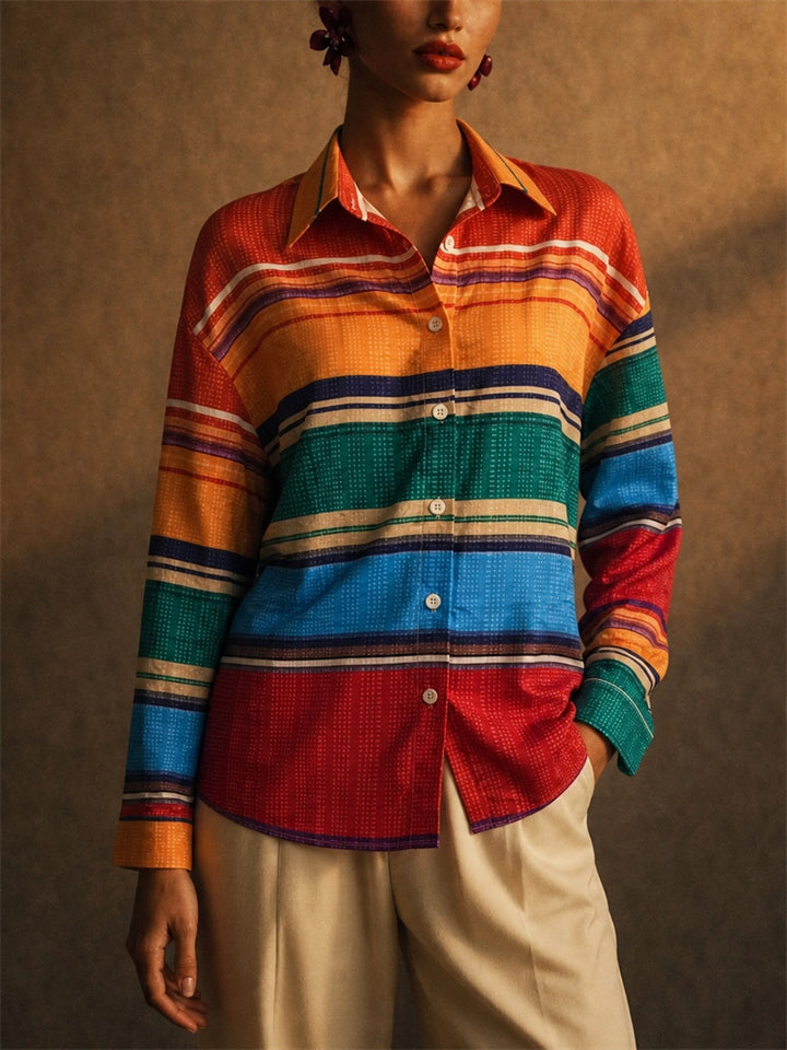 Women Colorful Striped Button Down Long Sleeve Blouses