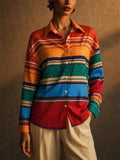 Women Colorful Striped Button Down Long Sleeve Blouses