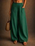 Women Summer Elastic High Waist Wide Leg Pants with Pockets