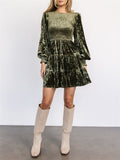 Women's Elegant Velvet Ruffle Round Neck Balloon Sleeve Dress