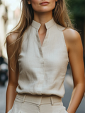 Ladies' Elegant Solid Color V Neck Pullover Sleeveless Blouses