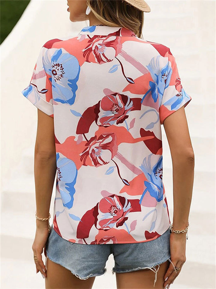 Women’s V Neck Floral Print Short Sleeve Vacation Shirt