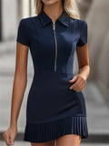 Women's Navy Blue Zip-Front Polo Dress With Pleated Hem