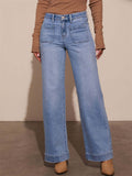Women's Autumn Vintage Blue Front Pockets Straight Denim Pants