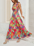 Female Holiday Floral Leaf Print Sleeveless Pleated Dress