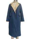 Trendy Long Fuzzy Coat for Women with Denim Sleeves and Faux Fur Lining