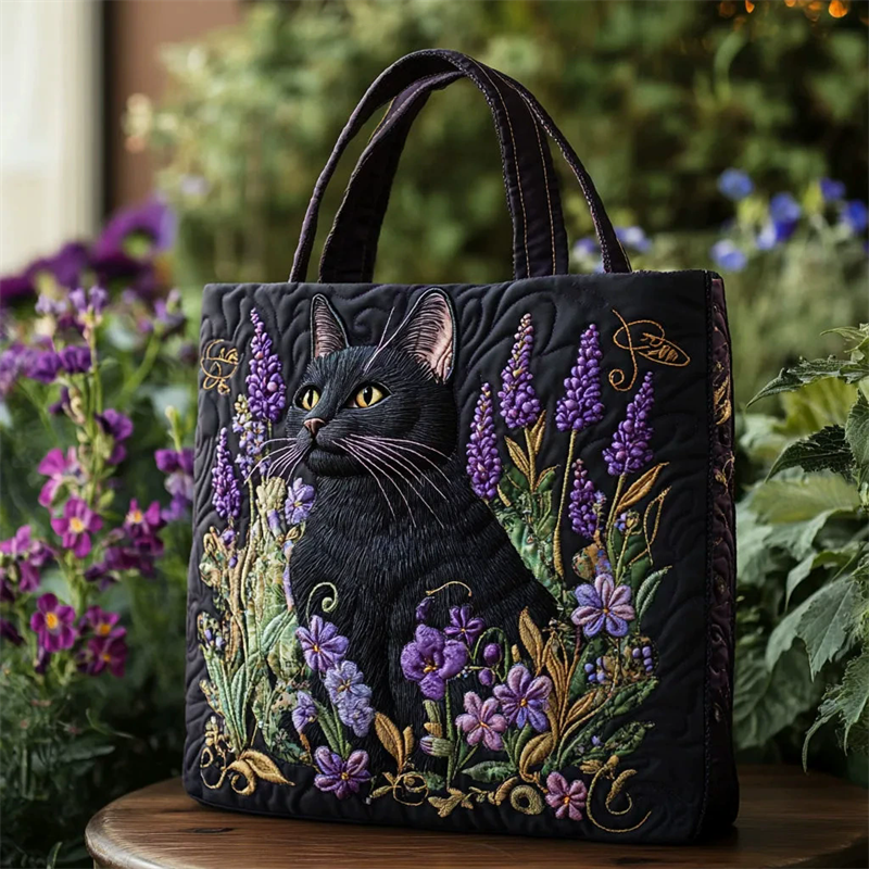 Black Cat Floral Quilted Tote Handbag