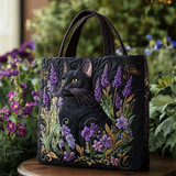 Black Cat Floral Quilted Tote Handbag