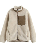 Unisex  Autumn Contrast Color Fleeced Long Sleeve High Neck Coat