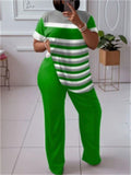Plus Size Women's Loose Fit Color Block Striped Short Sleeve Shirt and Pants Set