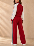Women Lounge Wear Half Zip Red Stripe Tracksuit Set