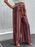 Women's Summer Contrast Color Stripe High Waist Wide Leg Pants
