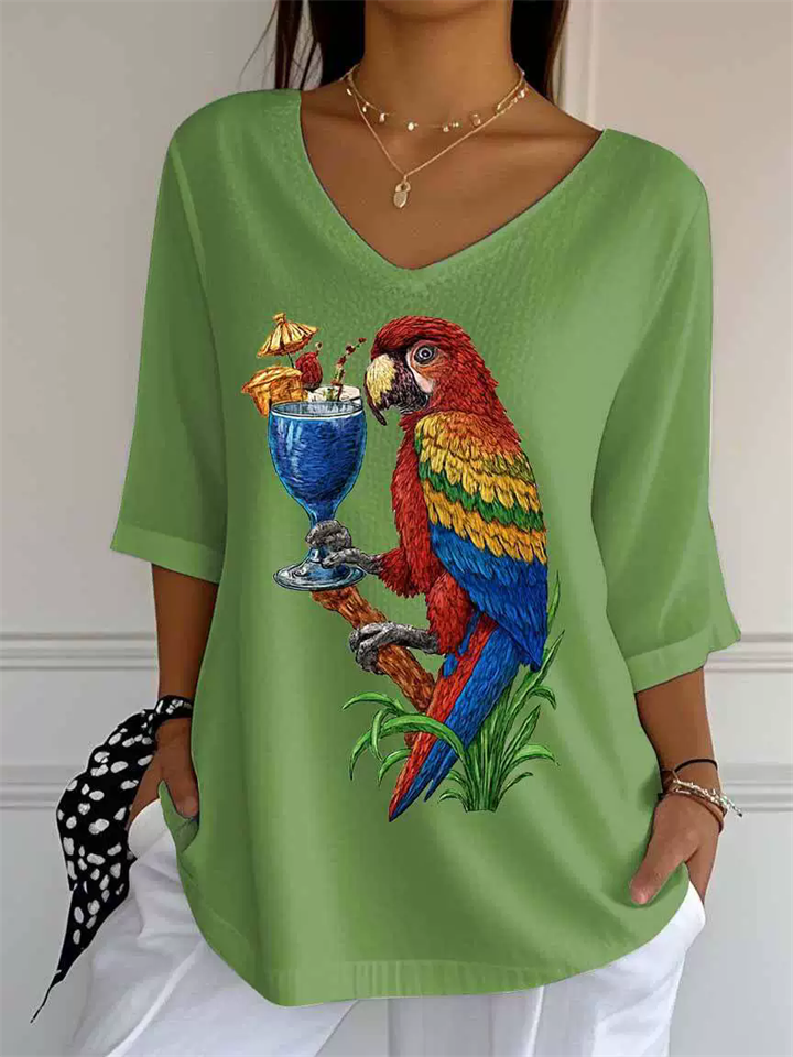 Women's Summer Casual Parrots Printed V Neck Half Sleeve Shirts