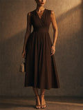 Women V Neck Sleeveless Smocked Waist Midi Dress