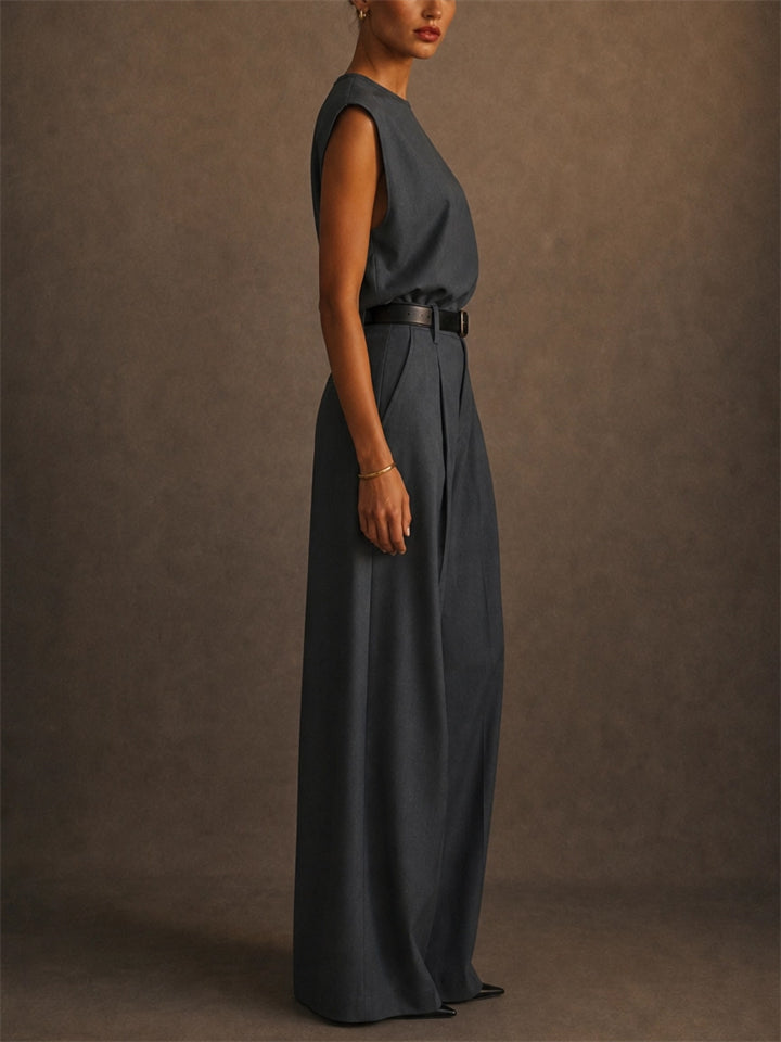 Womens Grey 2 Piece Shoulder Pad Top and Wide Leg Trousers Set