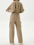 Women's Casual Sporty Cargo Jogger Set Cropped Zip Up Sweatsuit