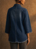 Women Dark Blue Raw Hem 3/4 Sleeve Zip Up Denim Jackets