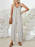 Women's Summer Casual Solid Color V Neck Overall Jumpsuits