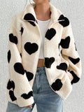 Women's Autumn Fleece Cute Heart Shape Pattern Zip Up Coats