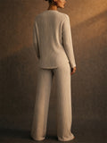 Women V Neck Ribbed Knit 2 Piece Sweater and Wide Leg Pants Set