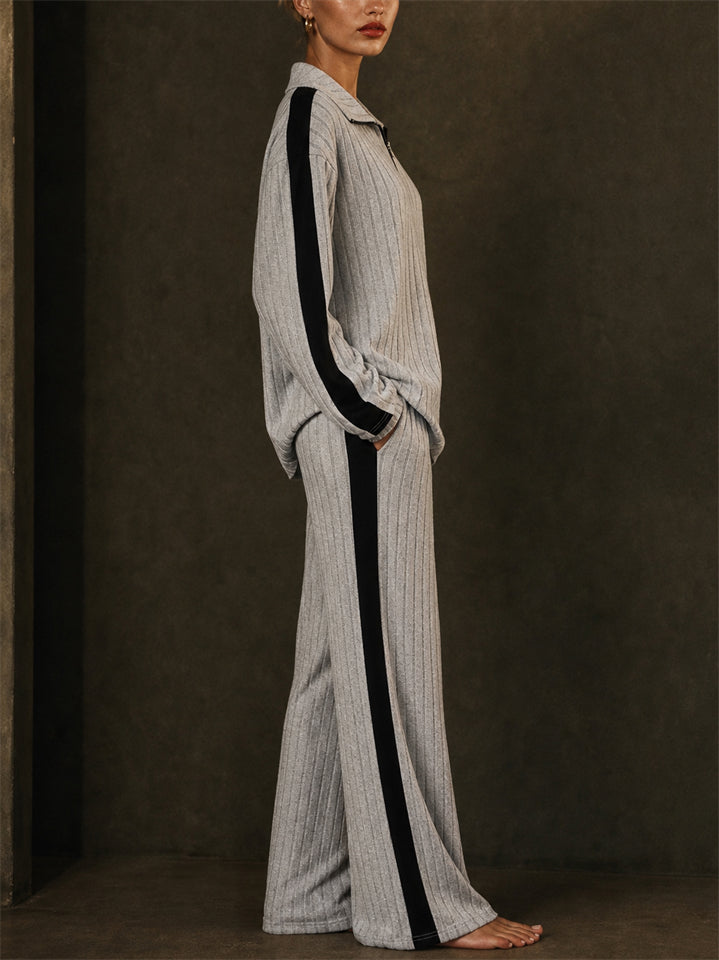 Women Ribbed Knit 2 Piece Set Quarter Zip and Wide Leg Tracksuit