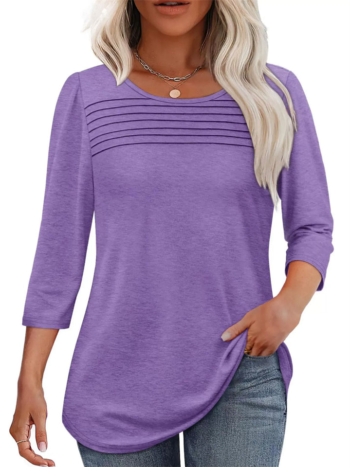 Women's Solid Color Pleated Chest Round Neck 3/4 Sleeve Shirts