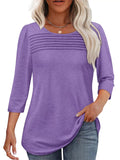 Women's Solid Color Pleated Chest Round Neck 3/4 Sleeve Shirts