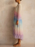 Women Boho Ombre V Neck Tiered Pleated Beach Maxi Dress