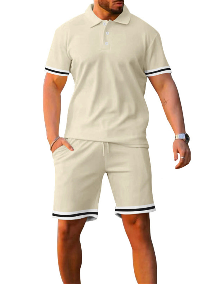 Men's Vacation Style Lapel Pullover Polo Shirt + Sport Shorts