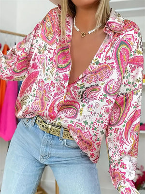 Women's Pink Paisley Printed Lapel Long Sleeve Blouses