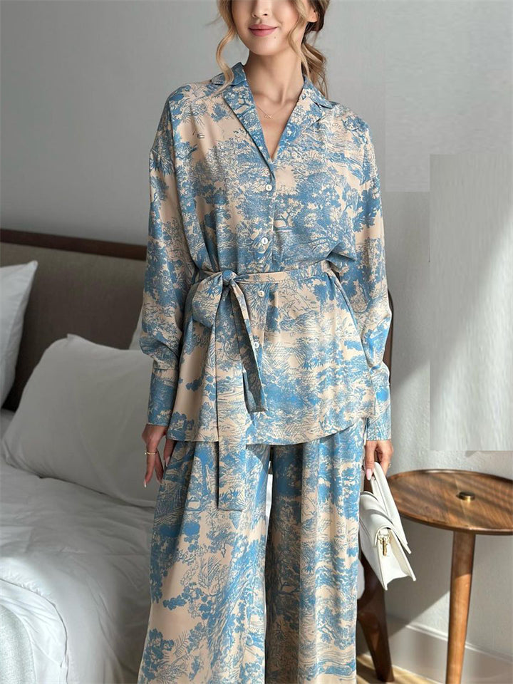 French Style Long Sleeve Print Button Tie-waist Shirt and Wide Leg Pant Set