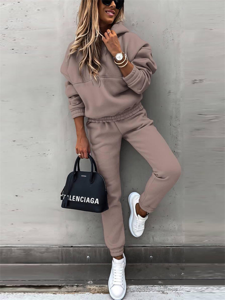 Women's Casual Solid Color Hooded Sweatshirts & Sweatpants Outfit