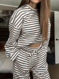 Women's Comfy Round Neck Striped Loose Fit Casual Top and Drawstring Pants Set