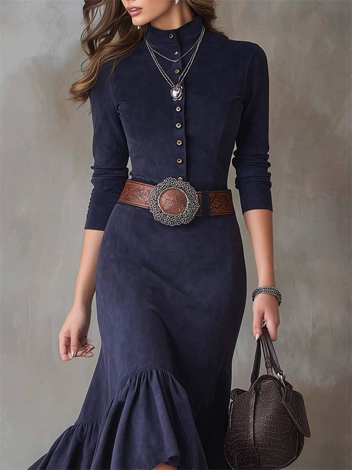 ‌Vintage Elegant Blue Faux Suede Semi High Neck Buttoned Dress for Women‌