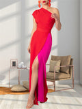 Women's Contrast Color One-Shoulder Floor Length Dress
