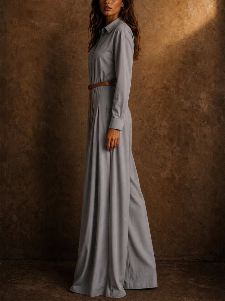 Women Collared Long Sleeve Wide Leg Belted Palazzo Jumpsuits