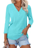 Women's Basic Casual Solid Color V Neck 3/4 Sleeve Shirts