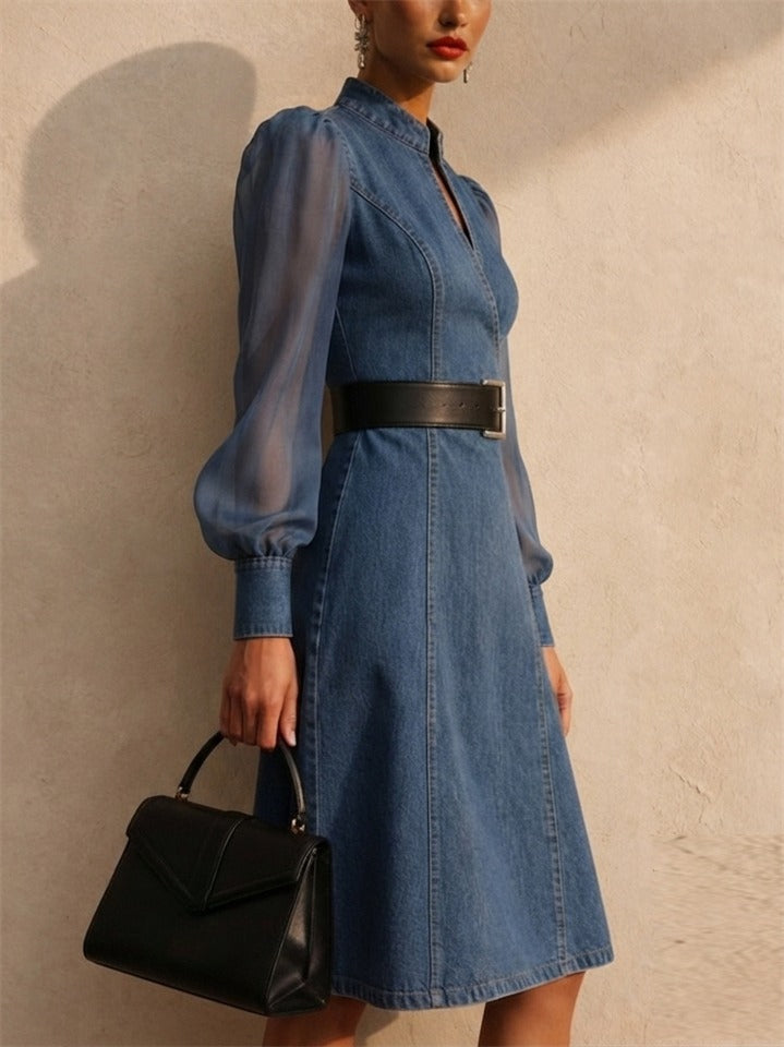 Women Sheer Mesh Puff Sleeve Belted Denim Midi Dress
