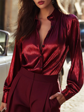 Ladies' Elegant French Style Wine Red Button Up Lapel Long Sleeve Blouses