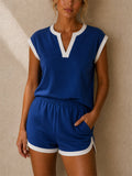Womens Casual Contrast Trim V Notch Neck Shorts 2pc Set