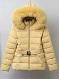 Women's Winter Solid Color Belted Fleeced Coat with Faux Fur Collar