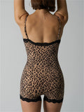 Women's Tiger Leopard Print Lace Trim Sexy Bodysuit Romper Shapewear Jumpsuit