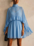 Women 2 Piece Chiffon High Neck Ruffle Mini Dress and Slip Set