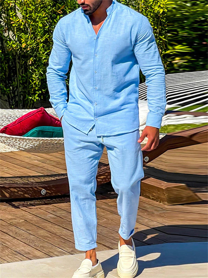 Casual Long Sleeve Linen Solid Color V-Neck Outfits For Men