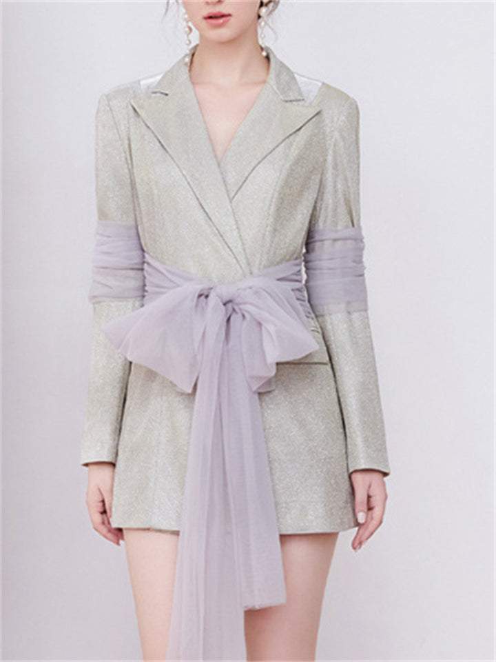 Women's Long Sleeve Tulle Patchwork Bling Tie-waist Mini Dress
