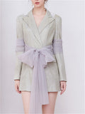 Women's Long Sleeve Tulle Patchwork Bling Tie-waist Mini Dress