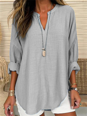 Women's Summer Vacation V Neck Linen Long Sleeve Shirt