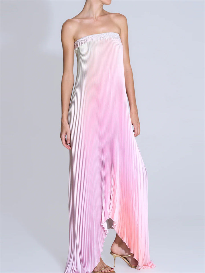 Women's Gradient Pleated Strapless Maxi Dress