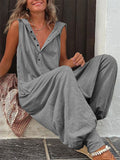 Youth Relaxed Button Hooded Sleeveless Long Jumpsuit for Women