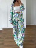 Stylish Female Printing Button Shirt Pants Two Pieces Outfits